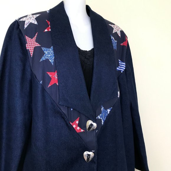 Americana Western Blazer Jacket Denim & Star Print with Concho Snaps Home Made - Picture 2 of 7